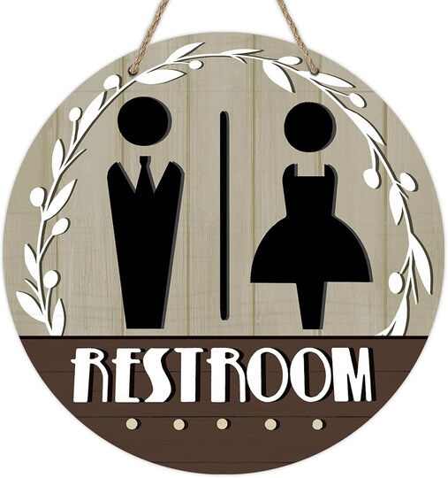 Restroom Door Sign Wooden Hanging Decor – Unisex Men & Women Bathroom Washroom Plaque, Rustic Farmhouse Indoor Business Toilet Door Hanger for Home, Office, Café & Public Washroom Wall Decor